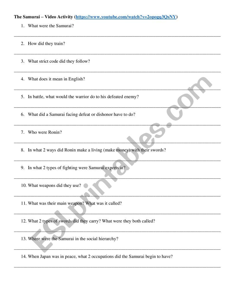 The Samurai  Video Activity worksheet