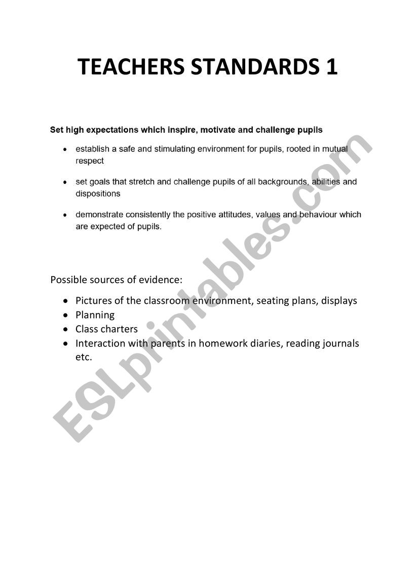 Teacher standards worksheet