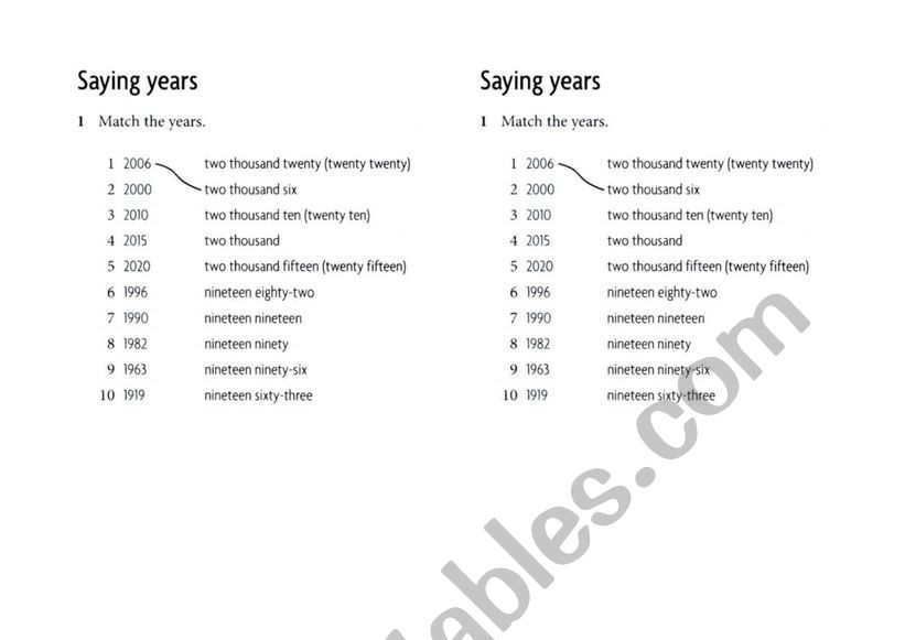 Match the years worksheet