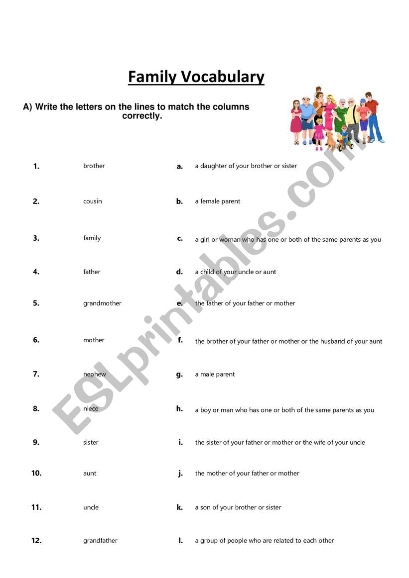 Family Vocabulary find the definitions