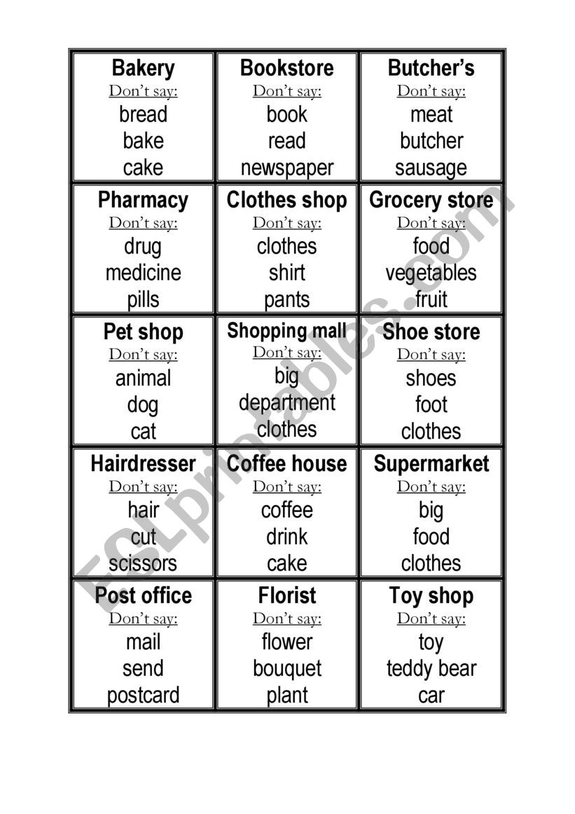 Taboo shops worksheet