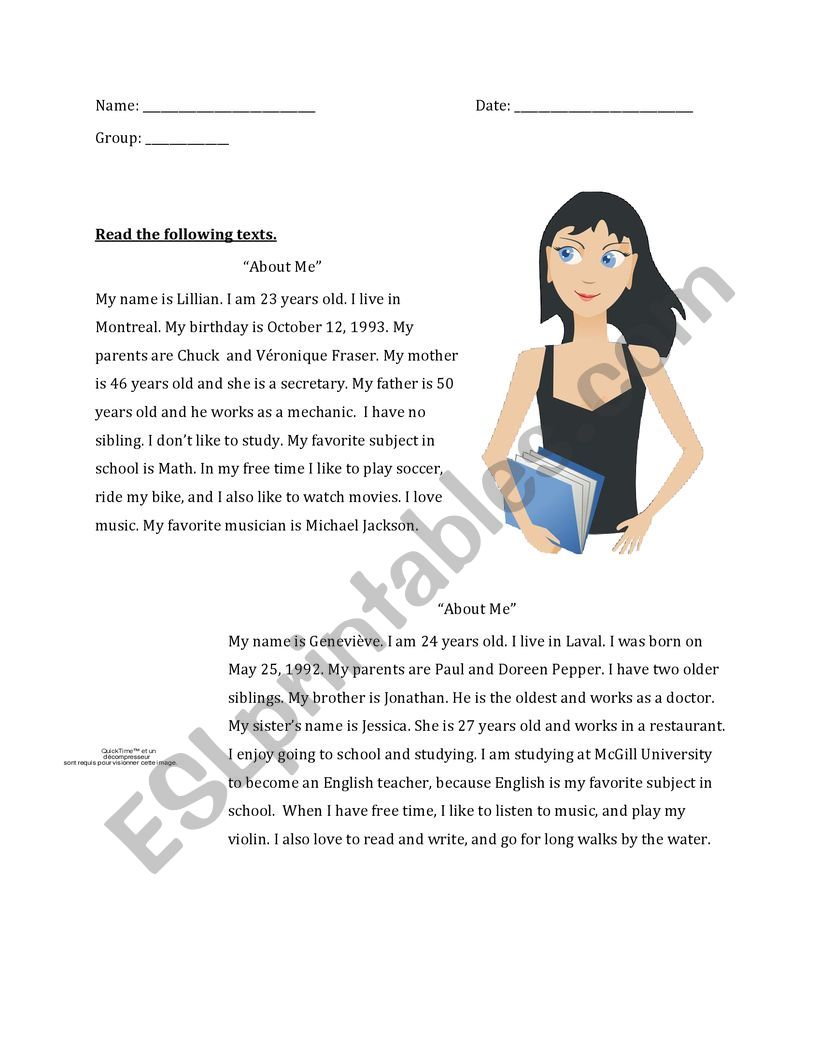 All about Me text worksheet