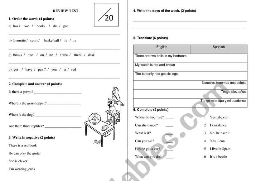 Review test  worksheet