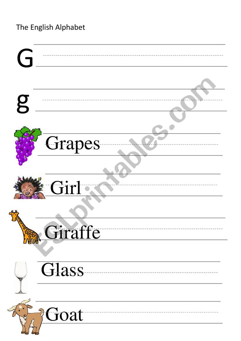 G-letter and words writing worksheet