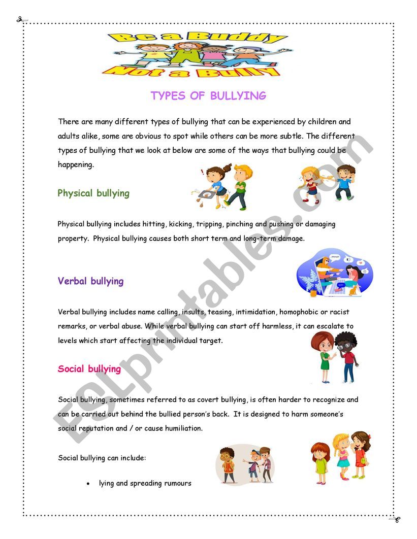 types-of-bullying-esl-worksheet-by-clamisu0516
