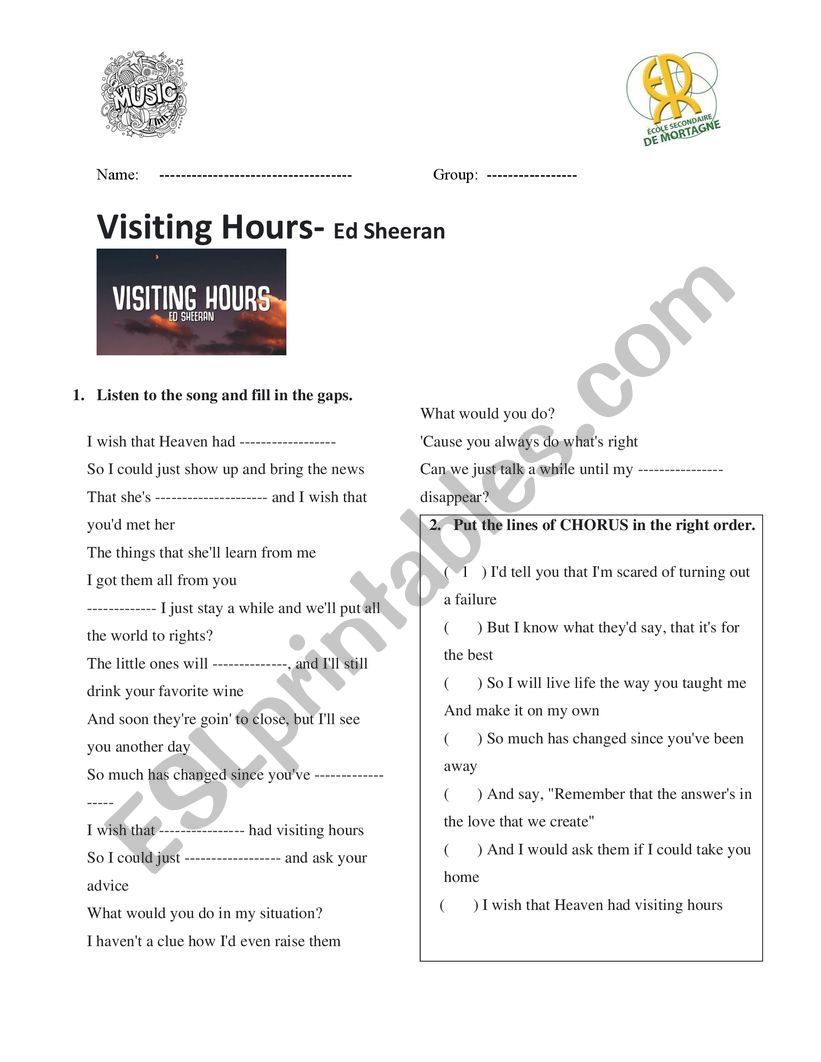 Ed Sheeran- Visiting hours worksheet