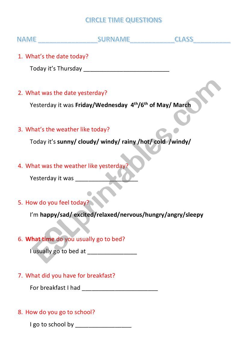 circle time worksheet