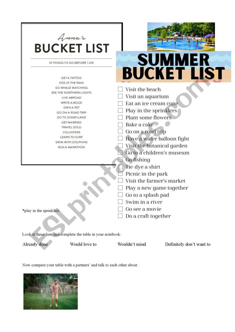 Bucket list speaking session worksheet