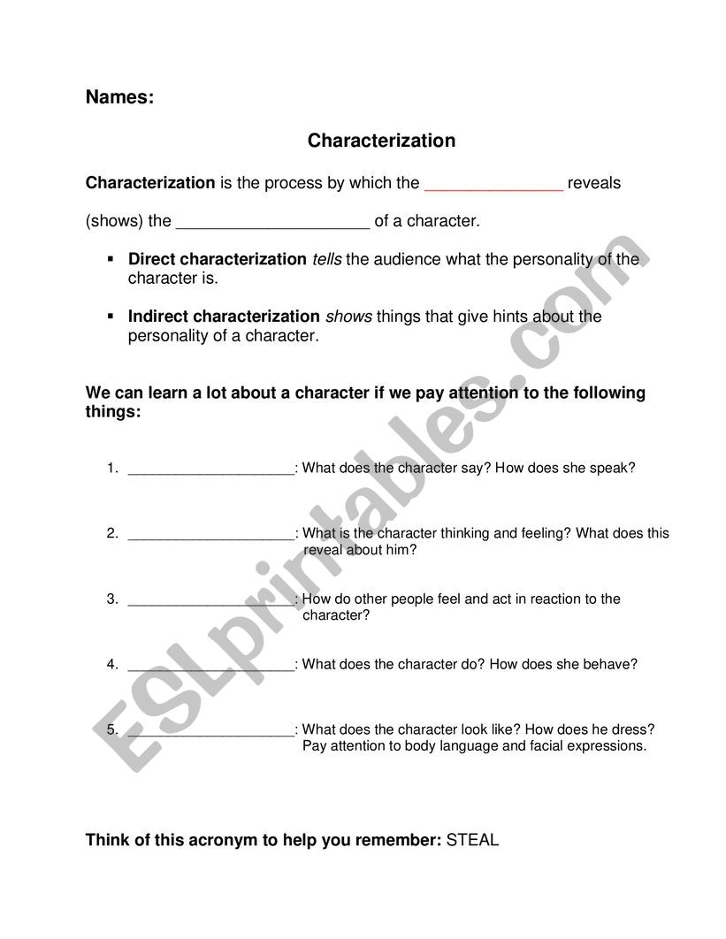 Direct Indirect Characterization ESL Worksheet By Igipariana