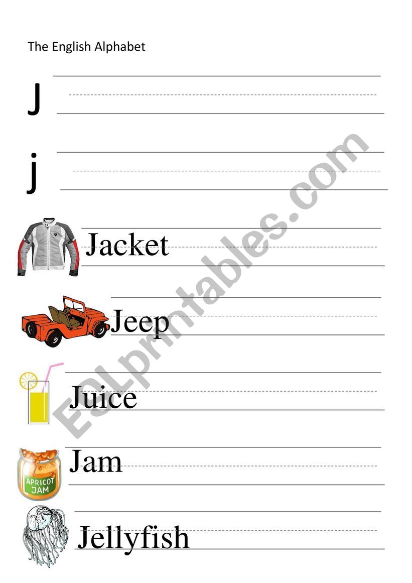 J-letter and words writing worksheet