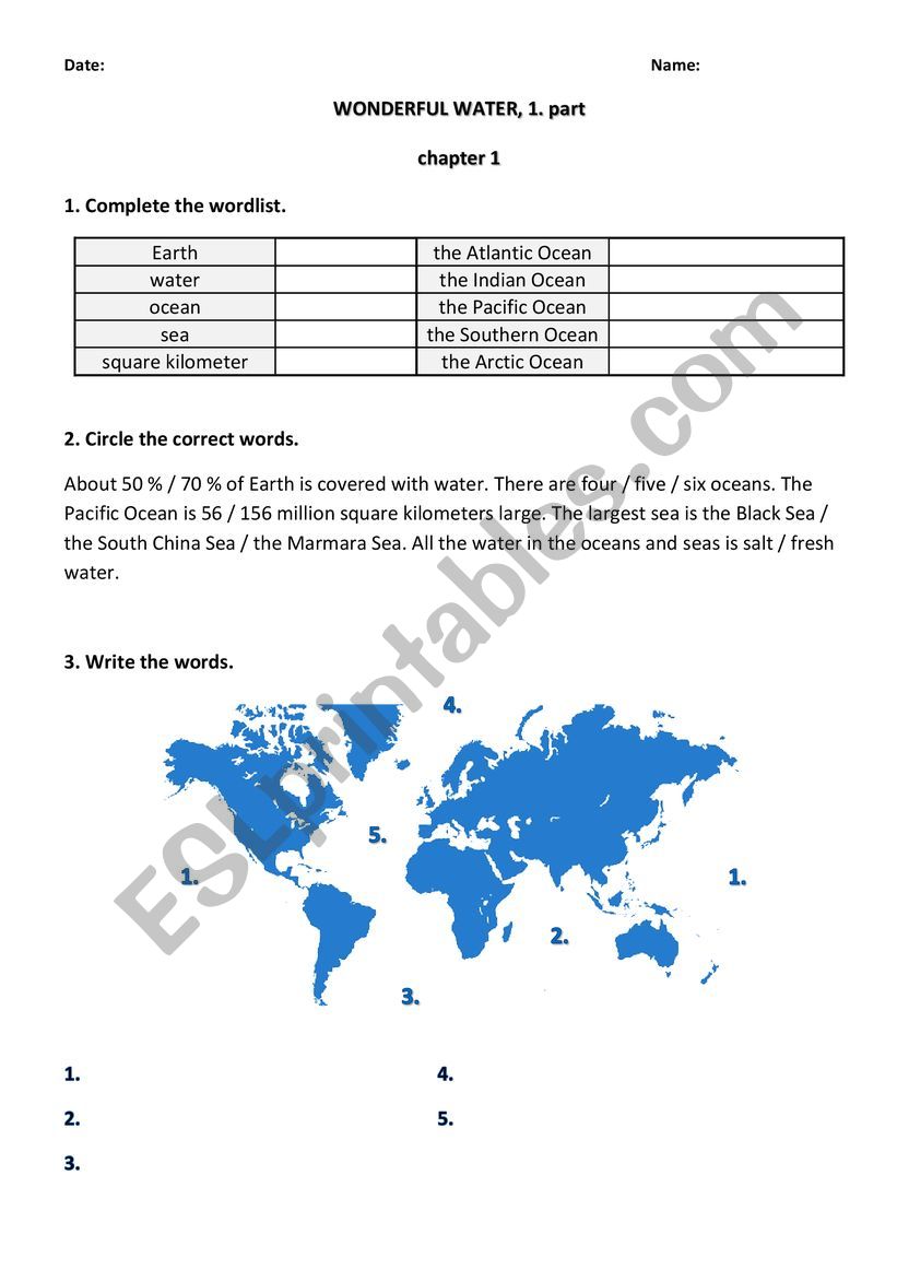 WONDERFUL WATER, 1. part worksheet