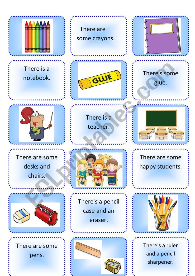 School supplies memory game worksheet