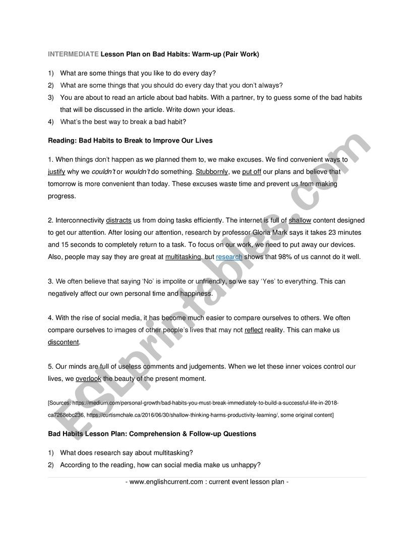 Bad habbits lesson  worksheet