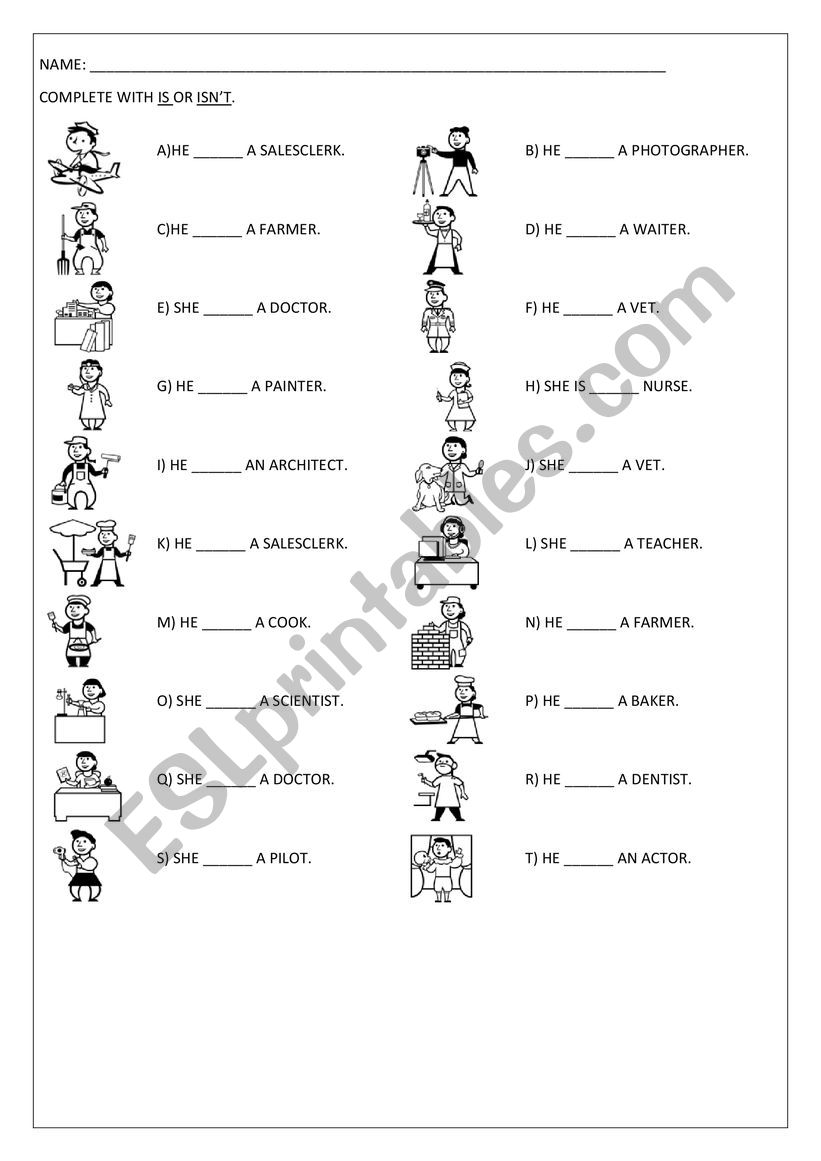 Occupations - IS or ISN�T worksheet