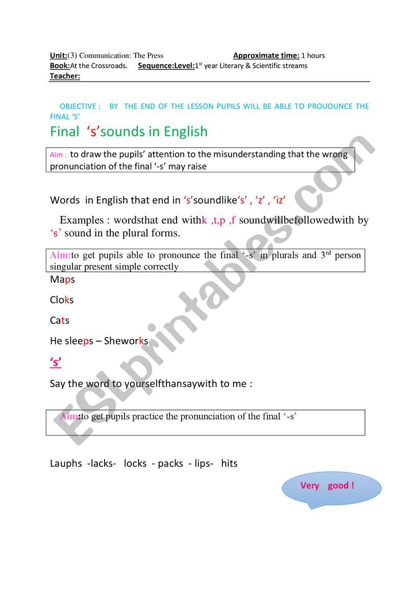 Final �s� pronunciation worksheet