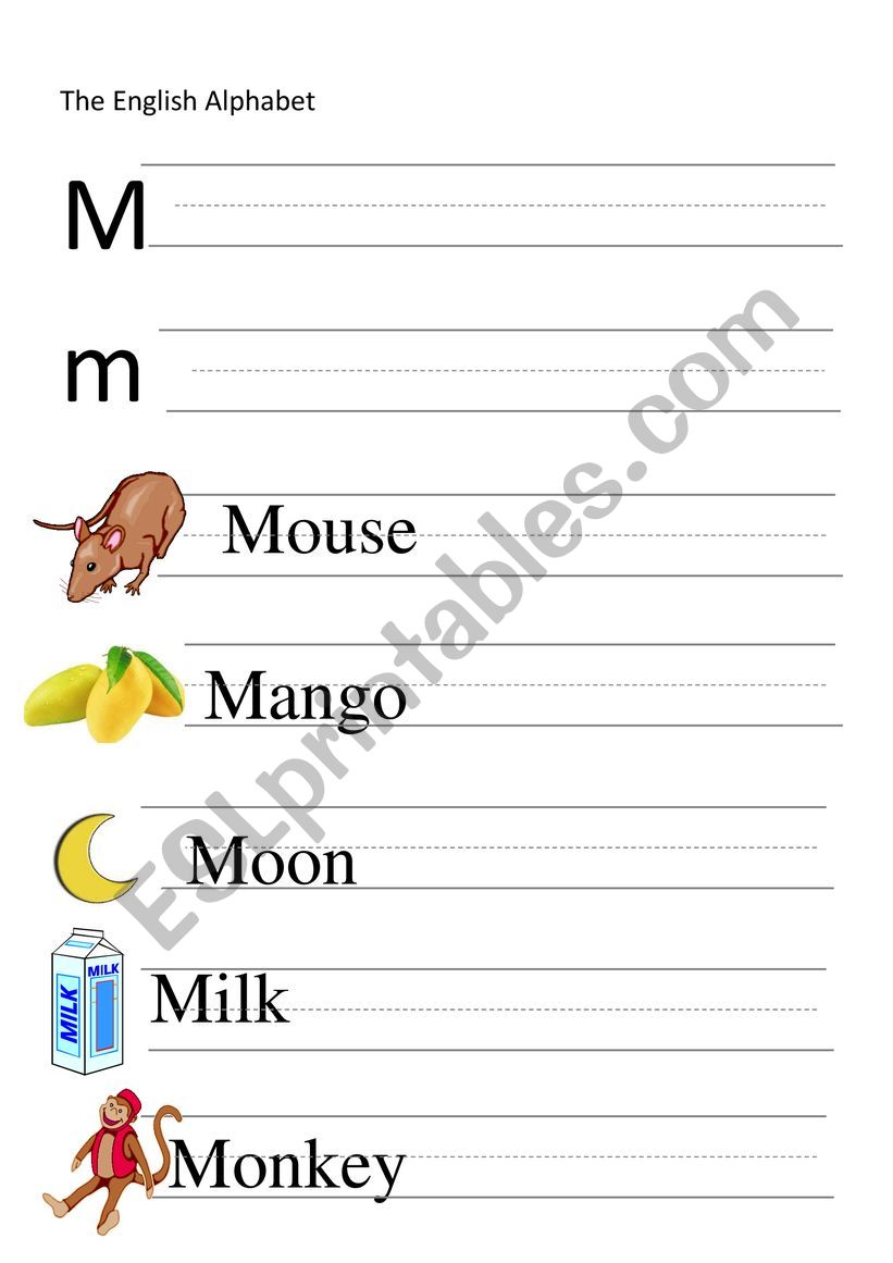 M-letter and words writing worksheet