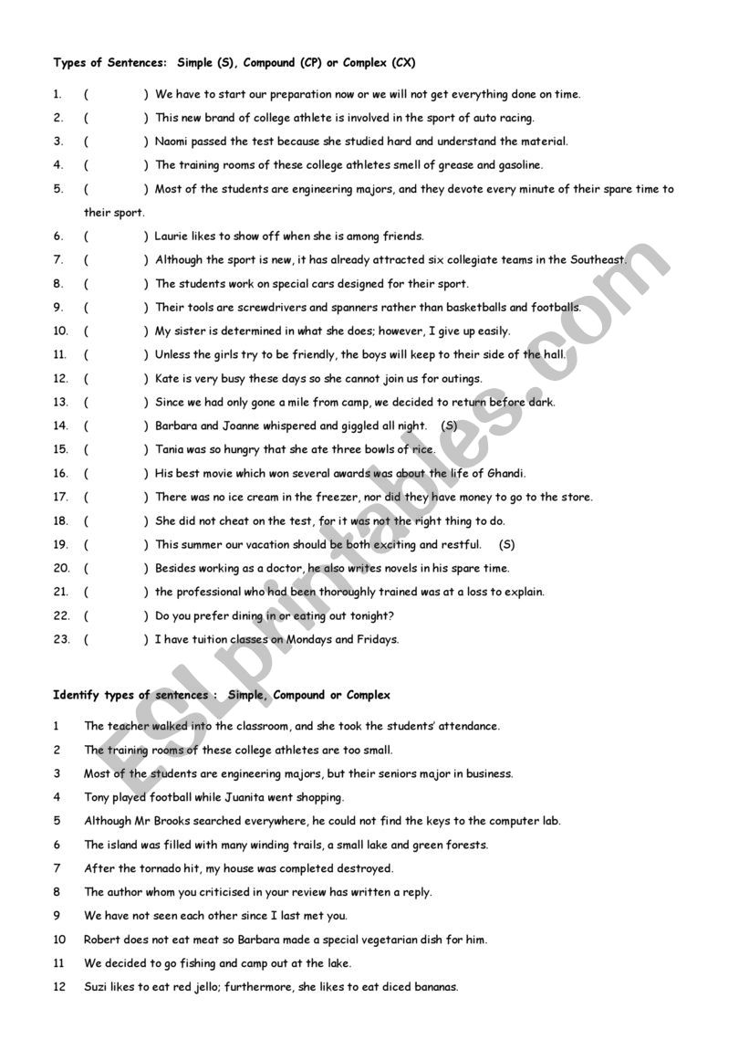 Types of Sentences worksheet