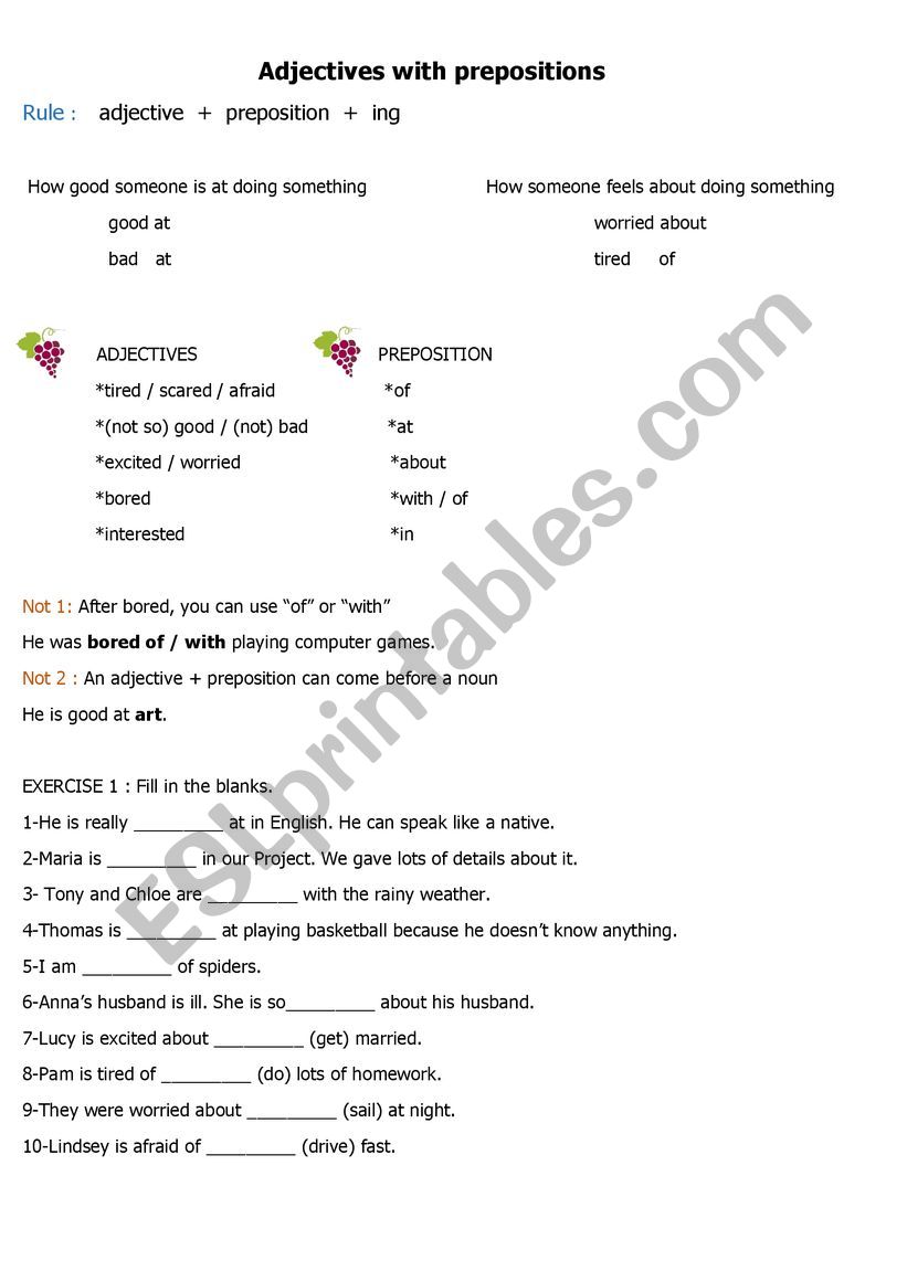 Adjectives with prepositions worksheet