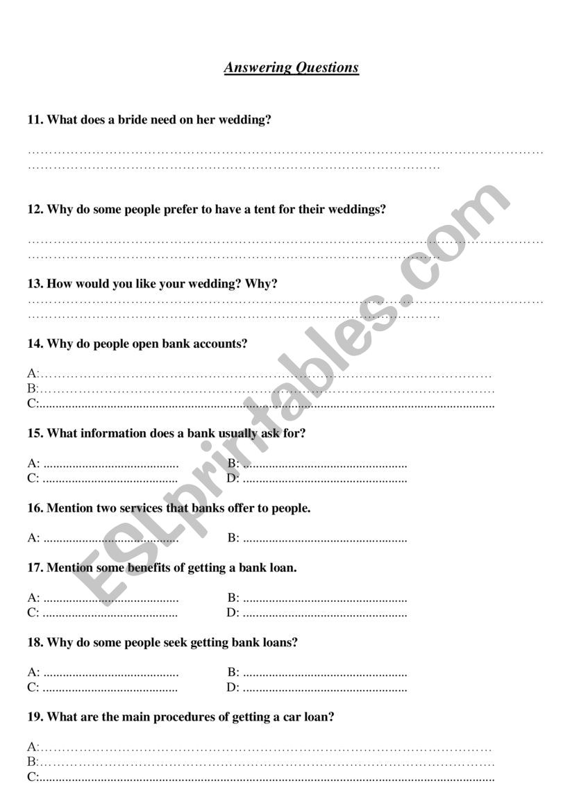 Answering questions worksheet