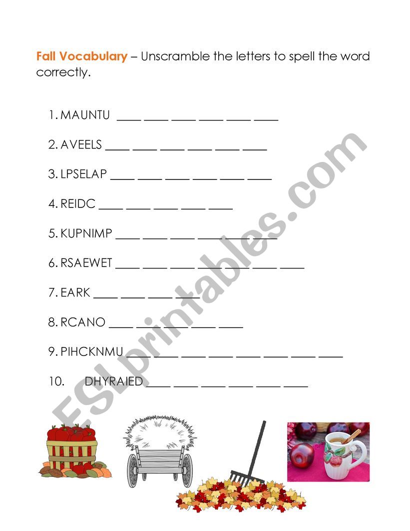 Fall Vocabulary (Unscramble the Letters)