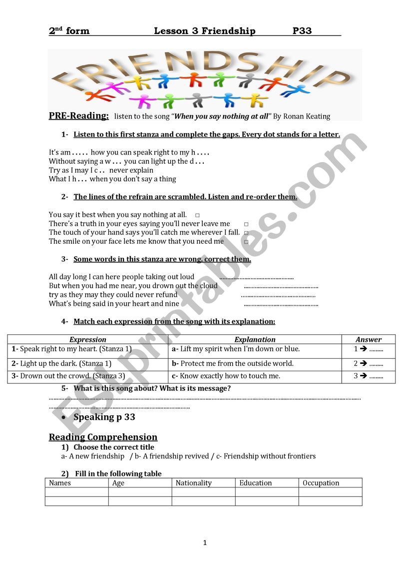 2nd form lesson 3 friendship worksheet