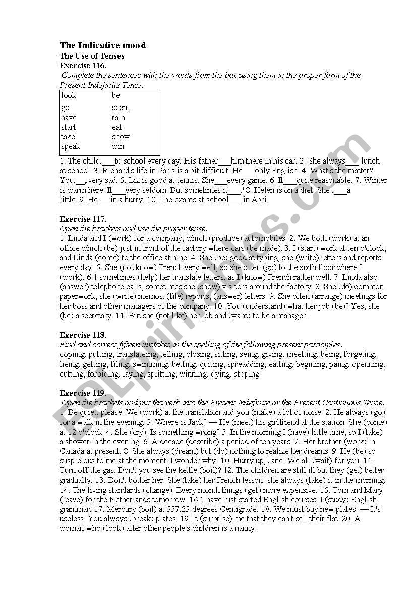 The indicative mood worksheet