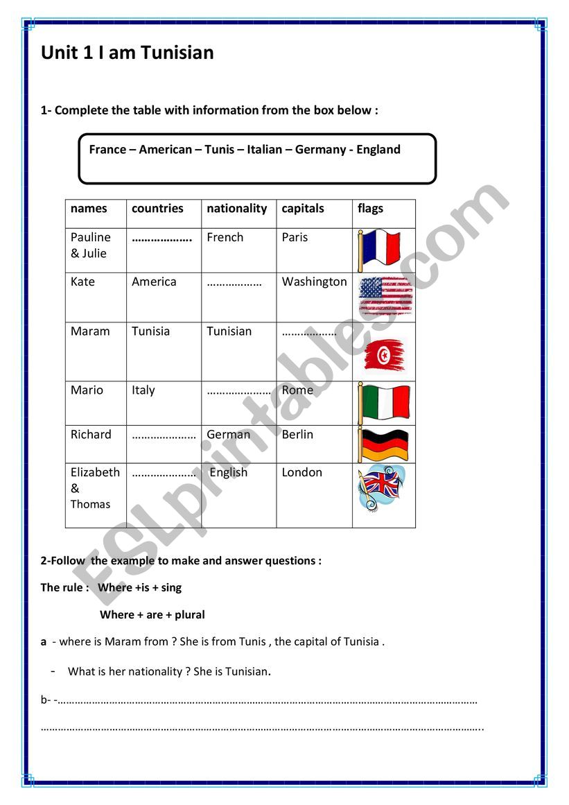 unit 1 Iam Tunisian  worksheet