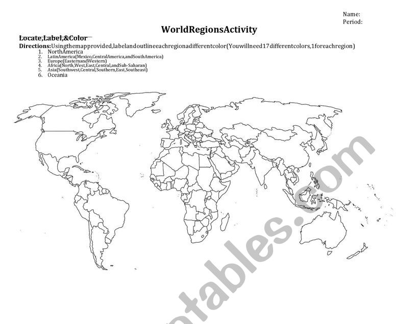 World Regions Worksheet worksheet