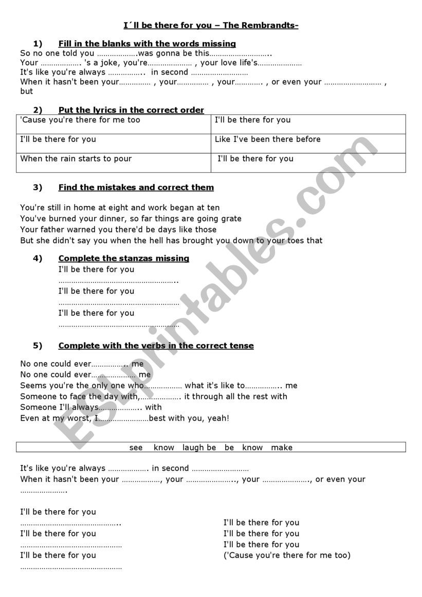 i�ll be there for you worksheet