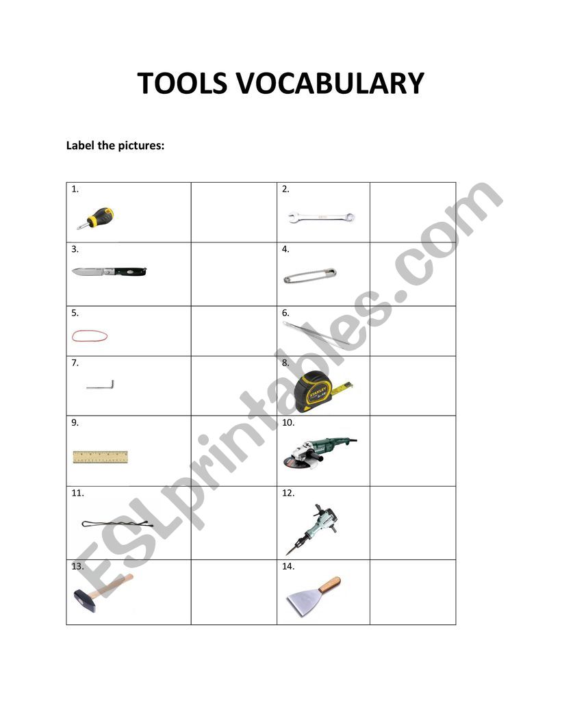 Tools vocabulary advanced - matching exercise