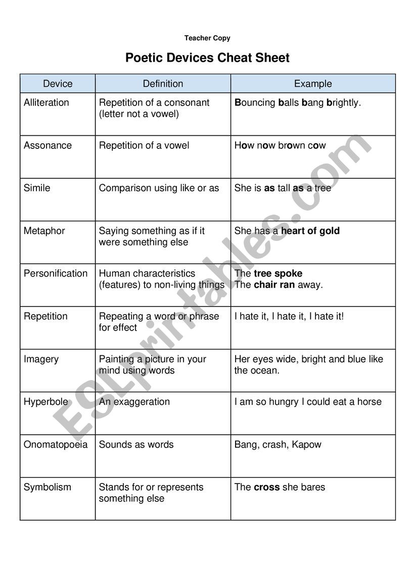 Poetic Devices ESL Worksheet By Mgreenberry