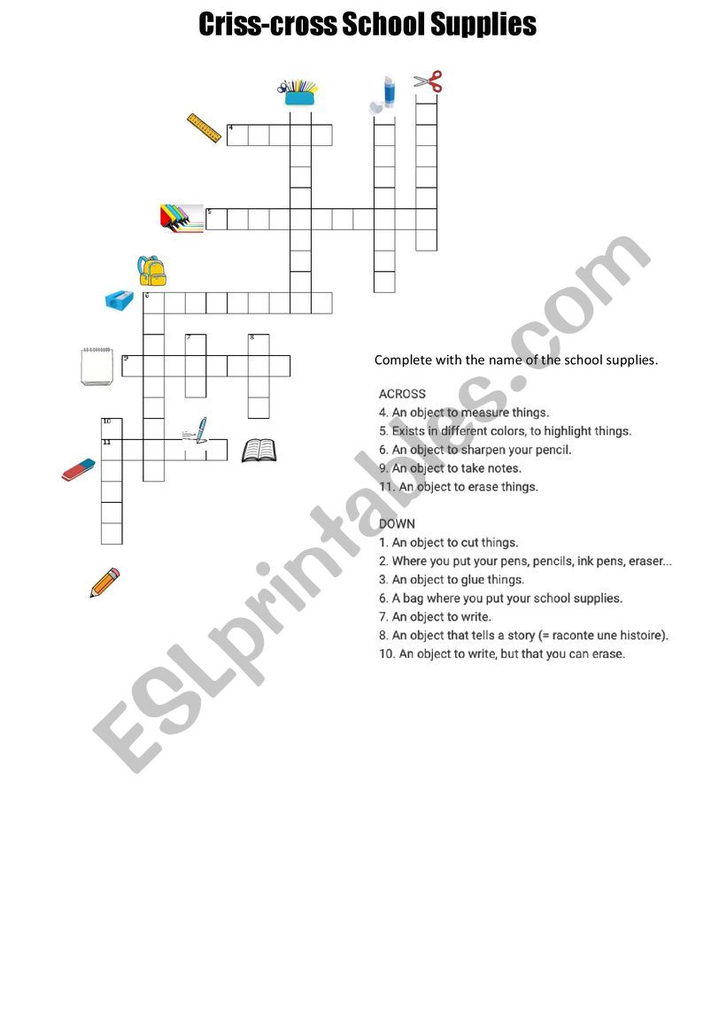 Criss cross school supplies worksheet