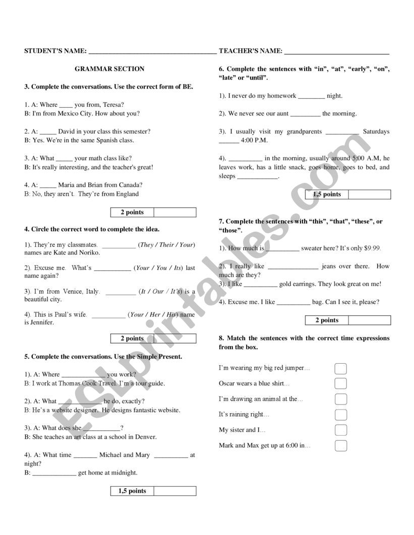 Exam Elementary  worksheet