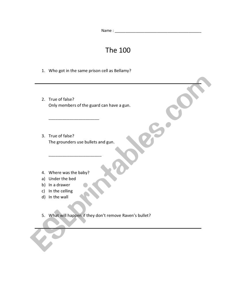 The 100 Episode 1 season 2 worksheet