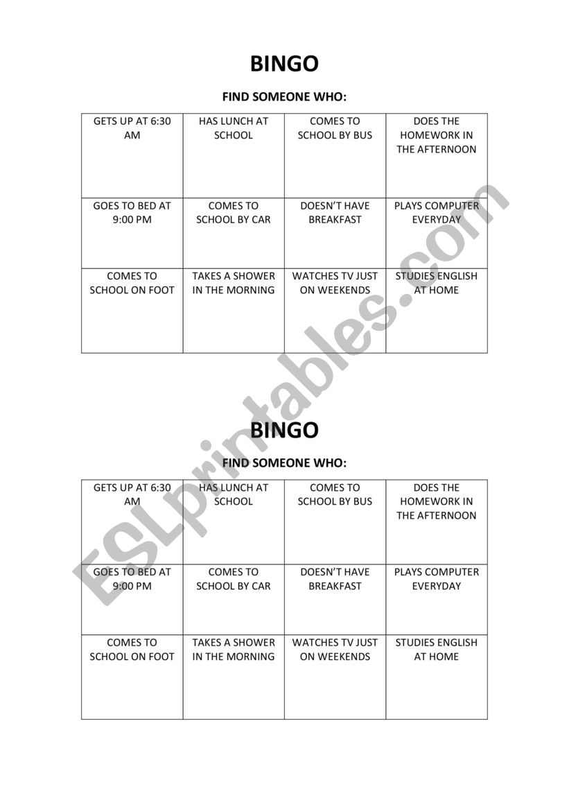 Bingo about Routine worksheet