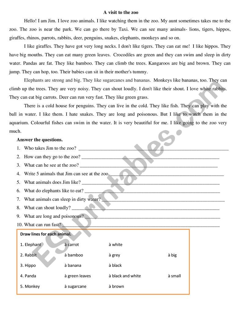 A visit to the zoo worksheet