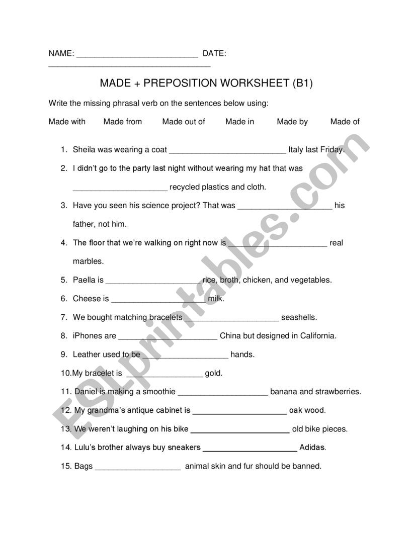 Made + Preposition B1 worksheet