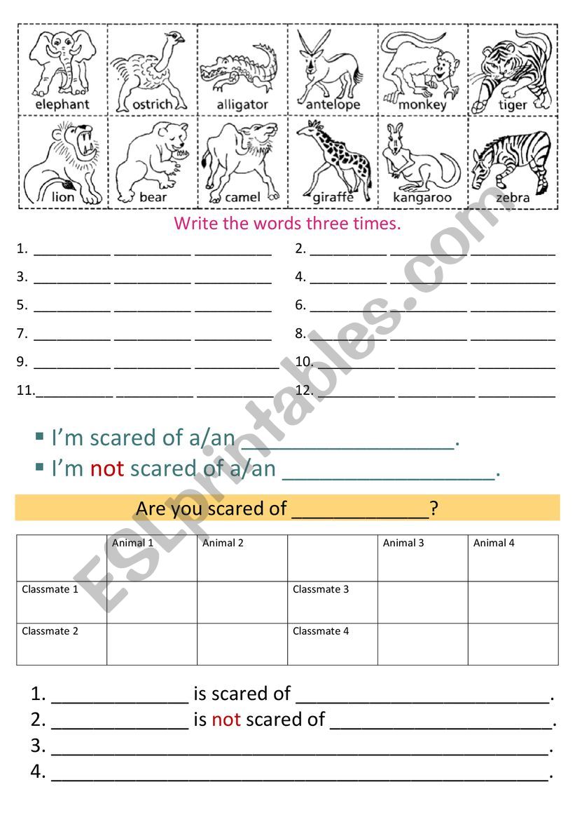 Im scared of worksheet