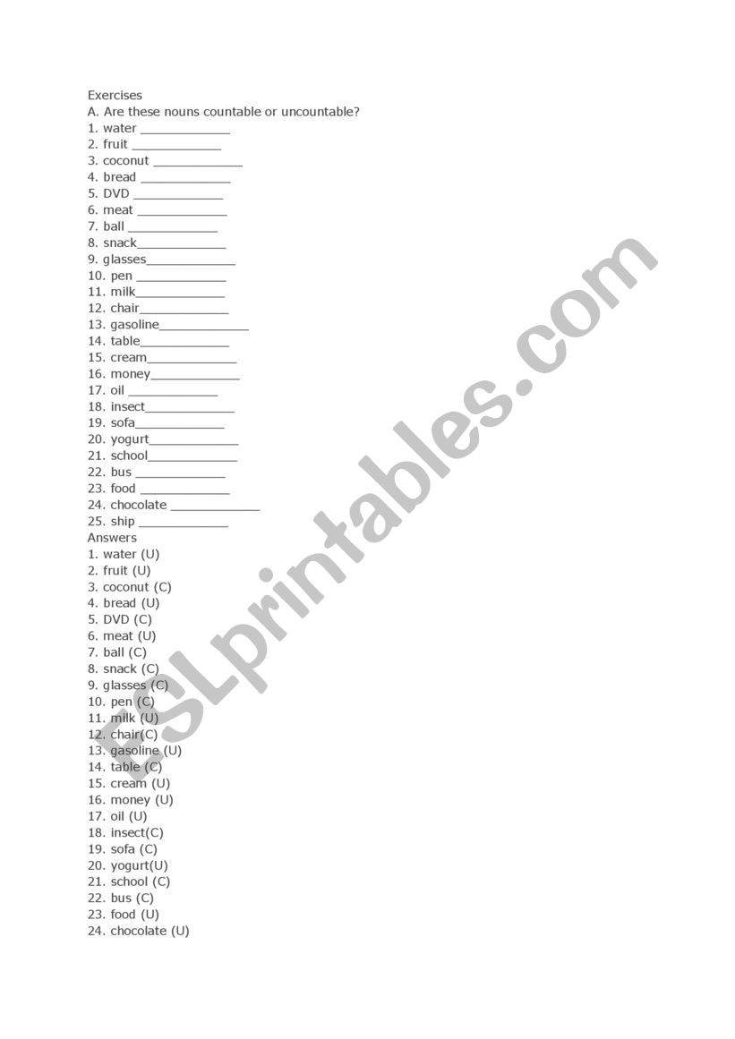 countables and uncountabeles worksheet