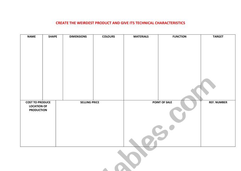 CREATE THE WEIRDEST PRODUCT worksheet