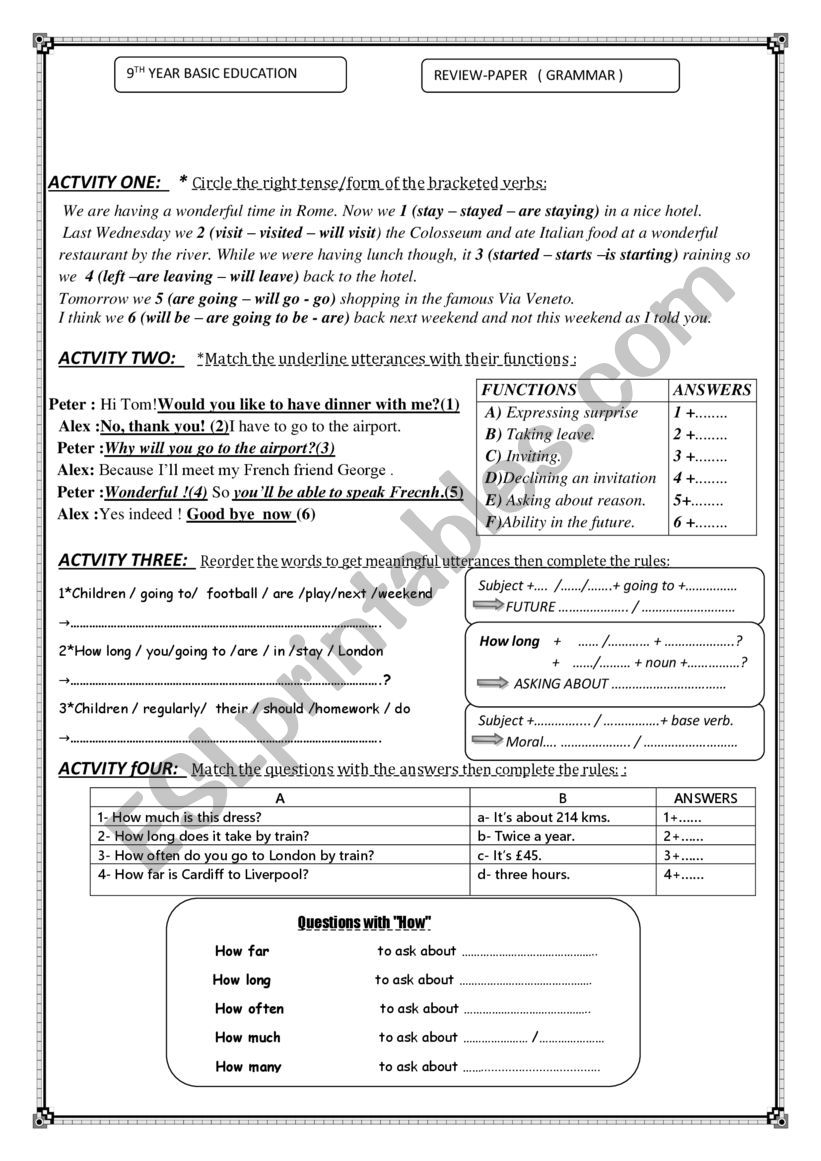 9th Grade Basic Education - Tunisian Schools ( Catch -Up sessions / Grammar )