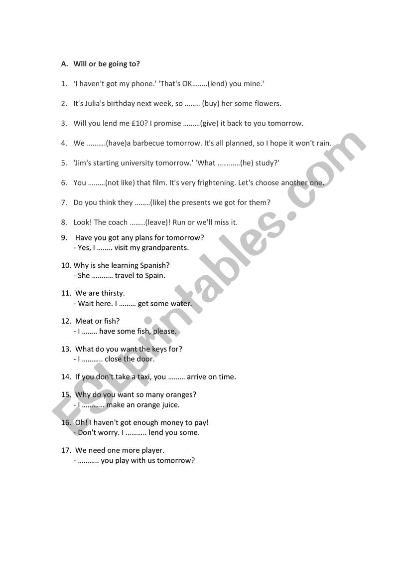 will or be going to? worksheet