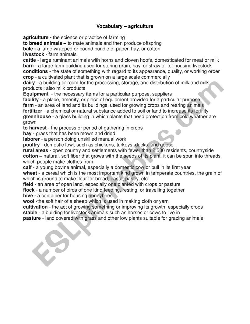 Agriculture vocabulary worksheet