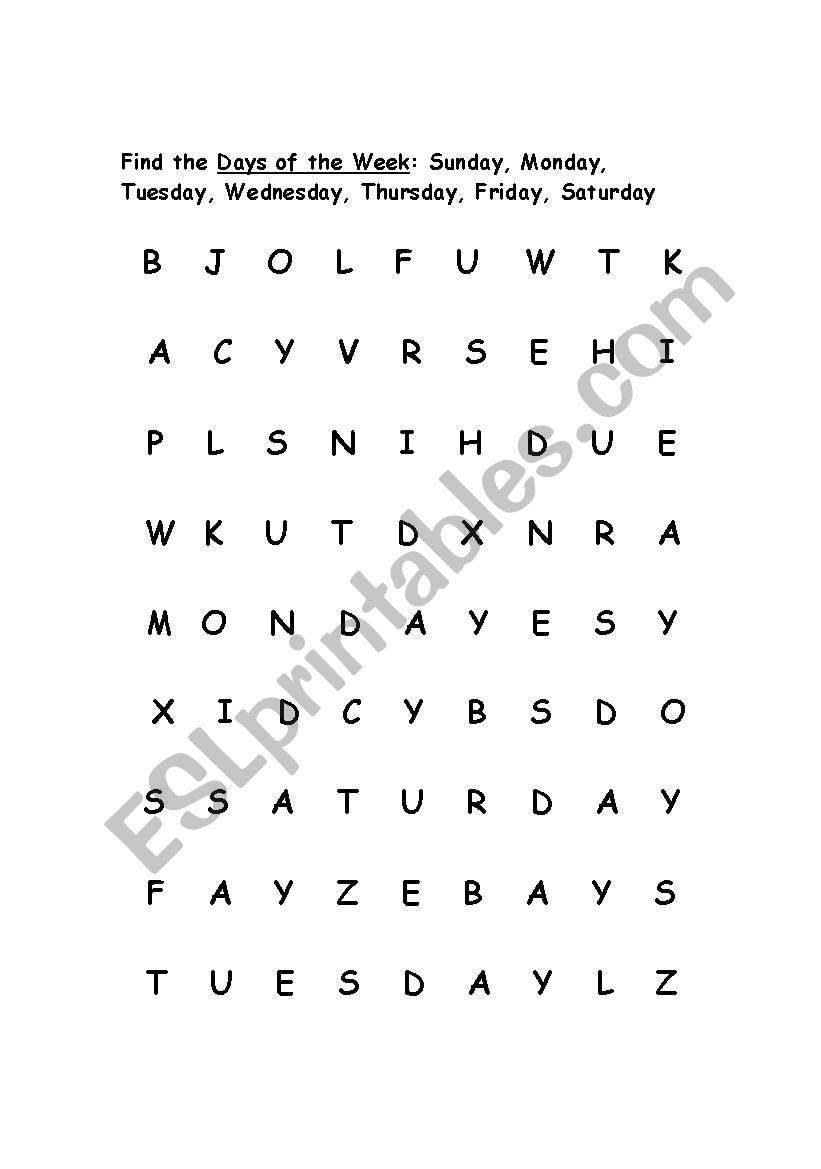 Days of the Week Wordsearch worksheet