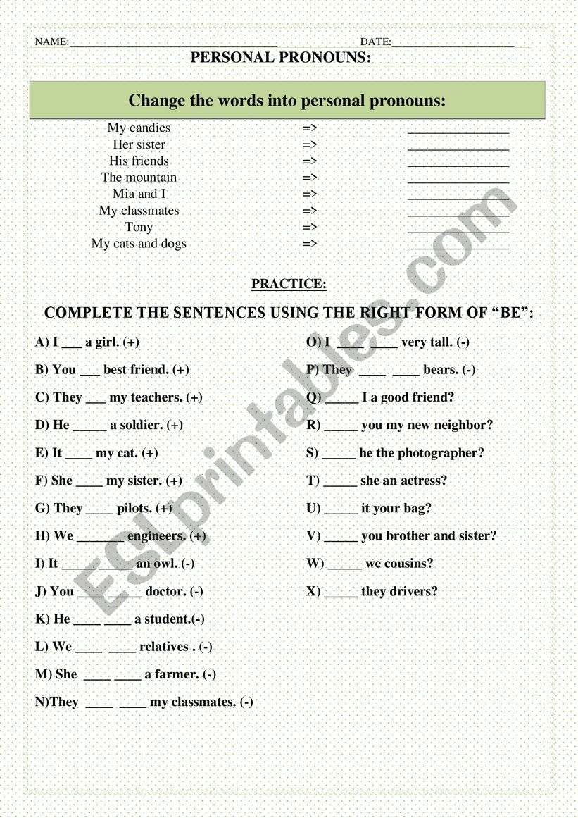 Tobe and Personal pronouns worksheet
