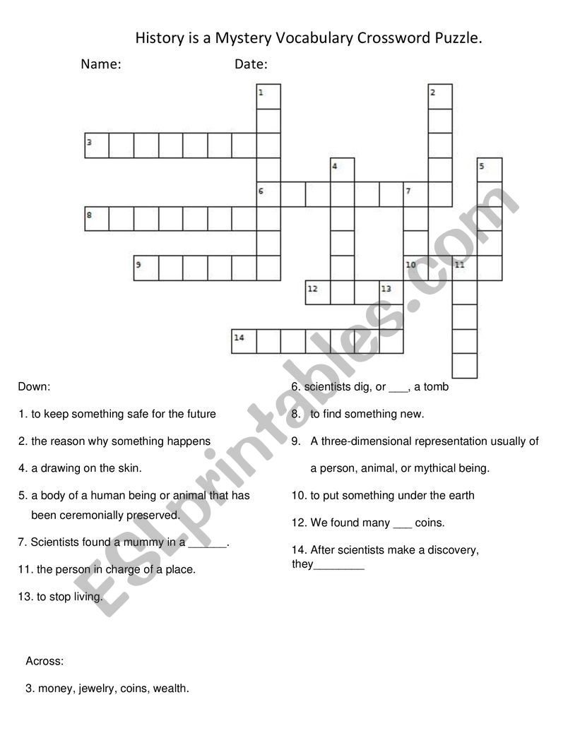 History is a Mystery Vocabulary CROSSWORD