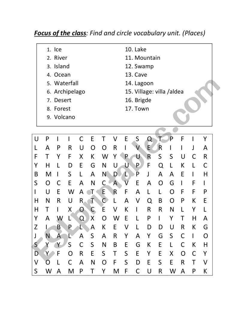Puzzle about places worksheet