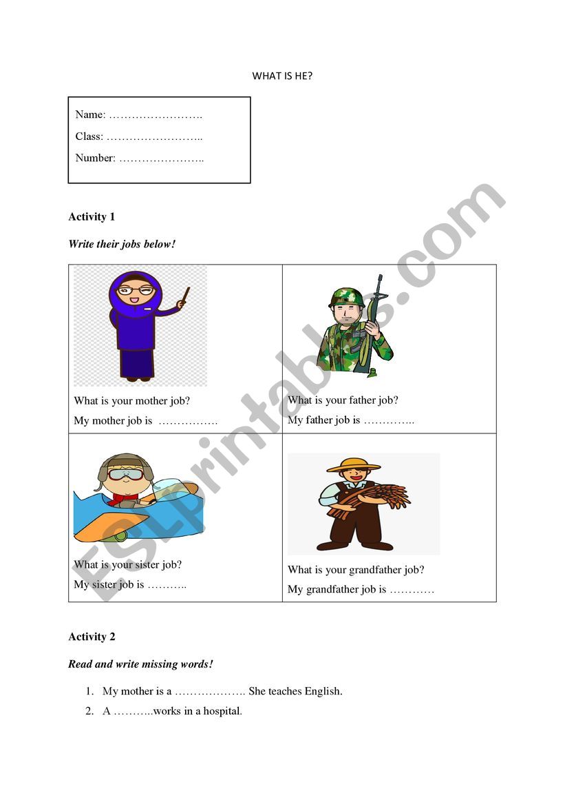 Job and Occupation Worksheet worksheet