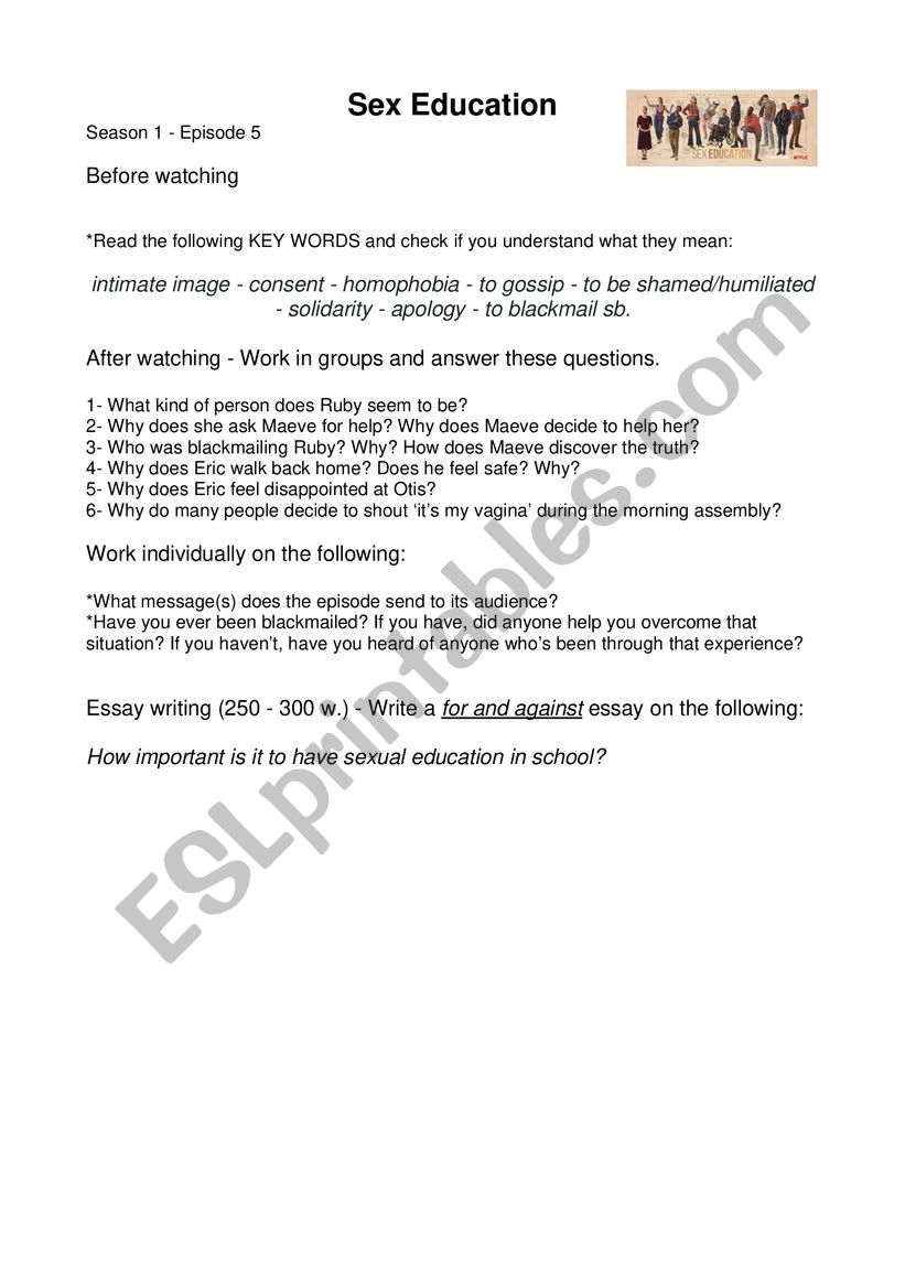 Sex Education - Season 1. Episode 5 - ESL worksheet by teacherluber