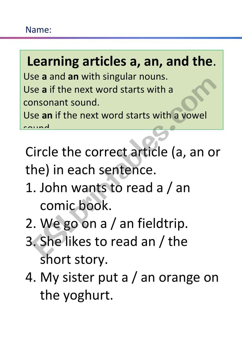 articles a or an worksheet